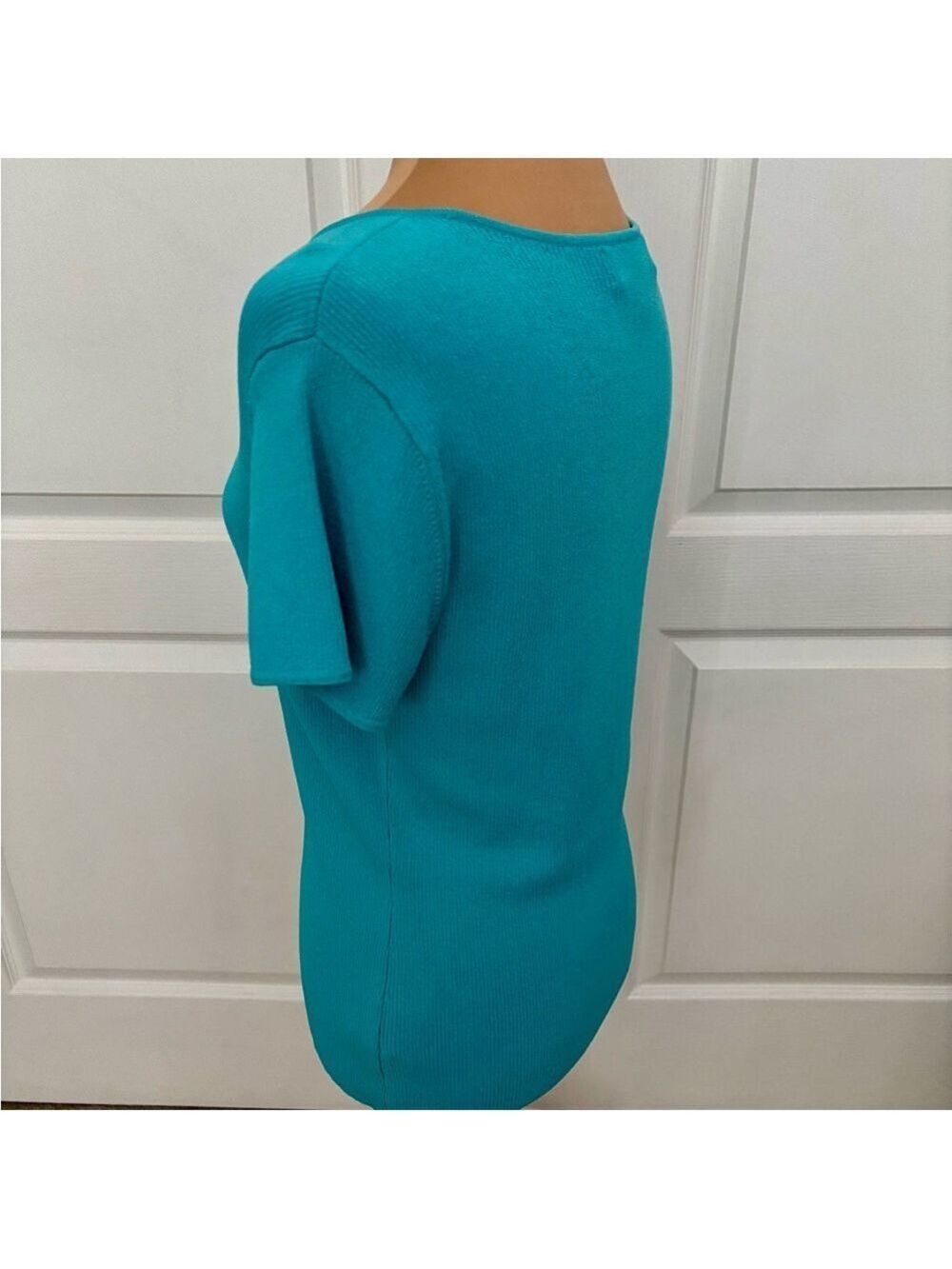 Kasper Turquoise Ribbed Knit Top | Wide Square Neck | Size Large - Picture 8 of 10